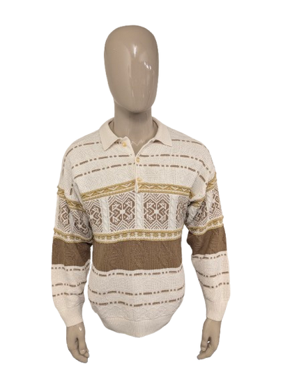Vintage polo trui – wit/groen voelbaar motief – maat M
