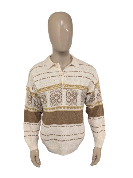 Vintage polo trui – wit/groen voelbaar motief – maat M