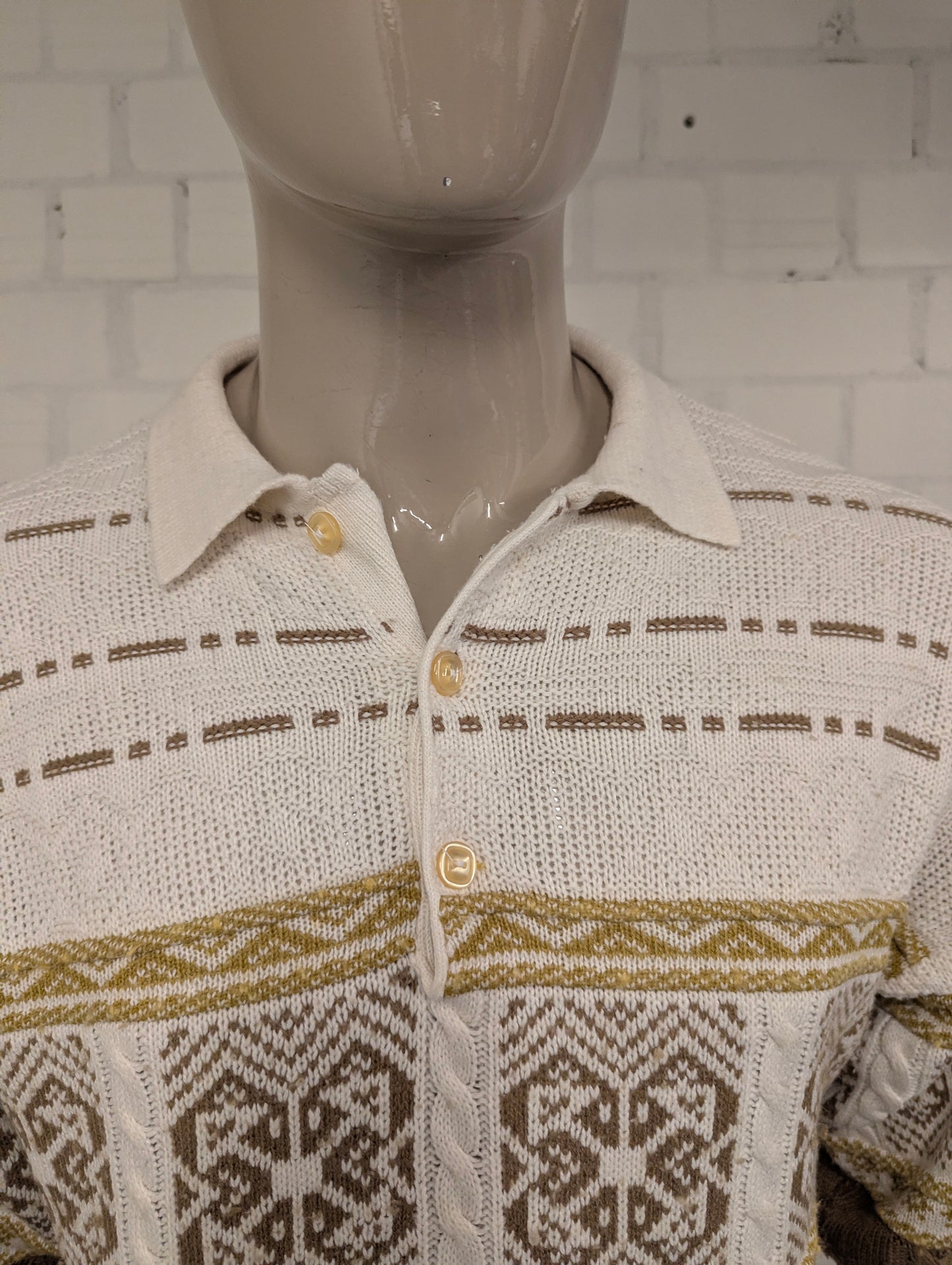 Vintage polo trui – wit/groen voelbaar motief – maat M