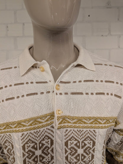 Vintage polo trui – wit/groen voelbaar motief – maat M