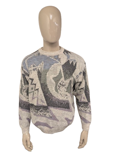 Vintage West Coast wollen trui – grijs/groen/beige/paars motief – maat L