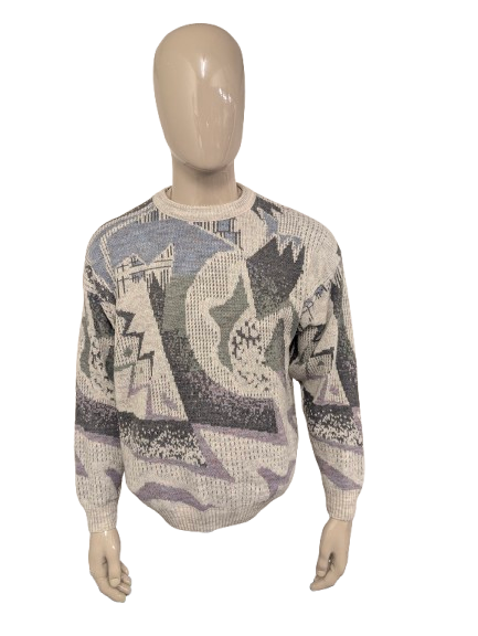 Vintage West Coast wollen trui – grijs/groen/beige/paars motief – maat L