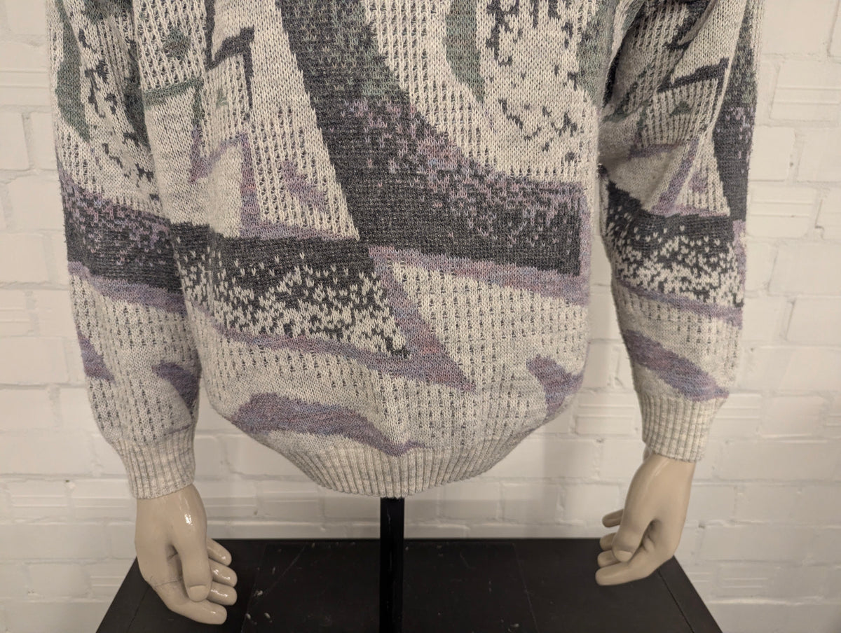 Vintage West Coast wollen trui – grijs/groen/beige/paars motief – maat L