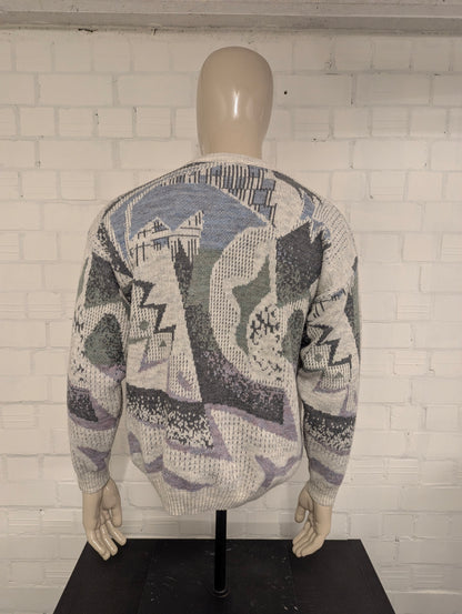 Vintage West Coast wollen trui – grijs/groen/beige/paars motief – maat L