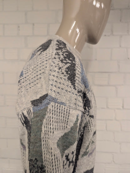 Vintage West Coast wollen trui – grijs/groen/beige/paars motief – maat L