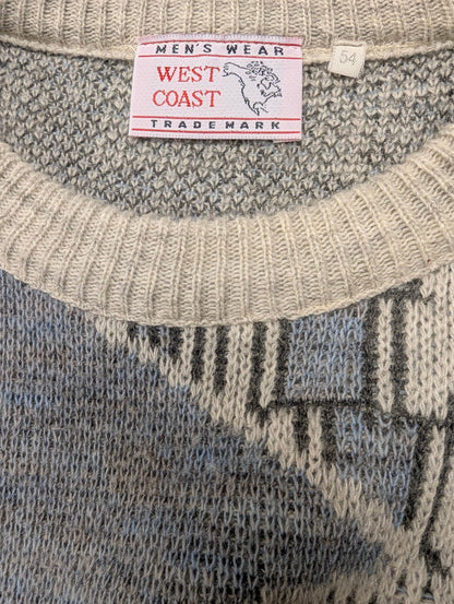 Vintage West Coast wollen trui – grijs/groen/beige/paars motief – maat L