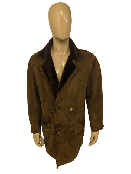 Leren Double Breasted halflange gevoerde jas met (nep) Bontkraag. Donker Bruin gekleurd. Maat L. #706.
