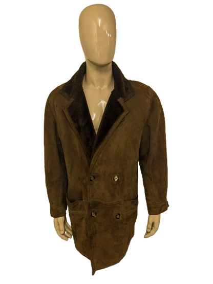 Leren Double Breasted halflange gevoerde jas met (nep) Bontkraag. Donker Bruin gekleurd. Maat L. #706.