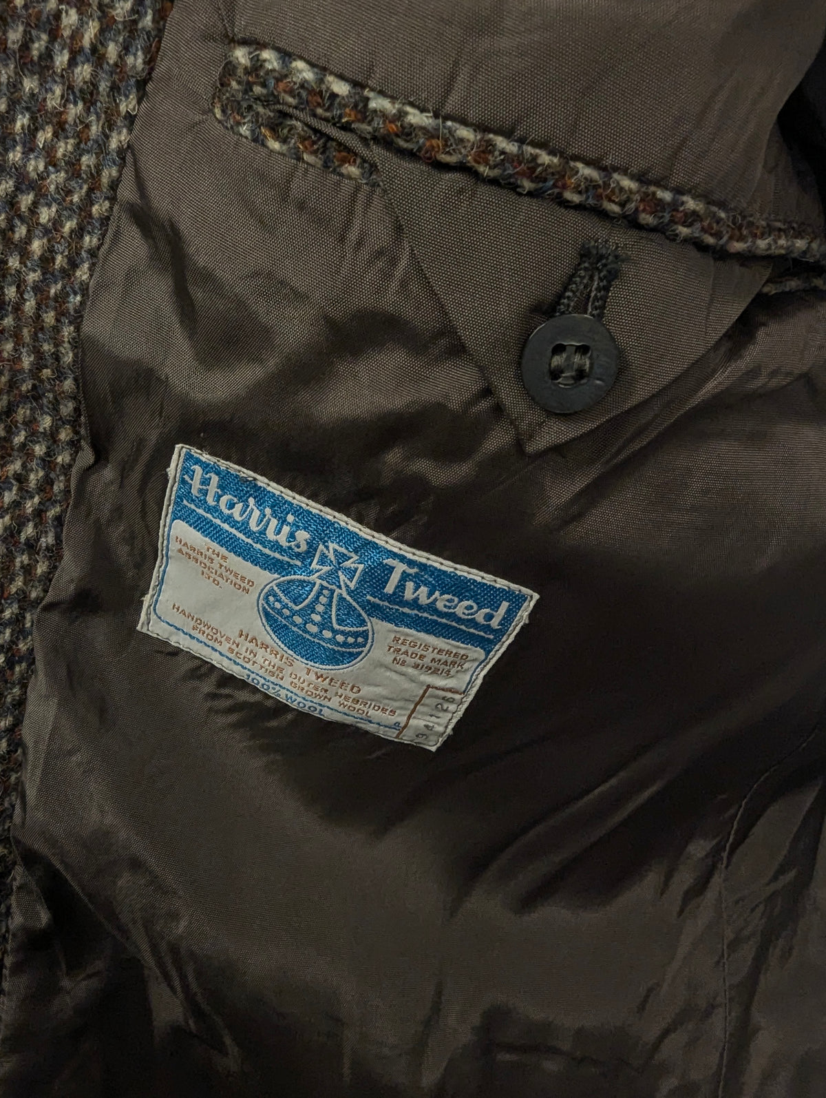 Hoffke Harris Tweed colbert. Bruin Oranje Grijs Beige motief. Maat 27 (54/L).