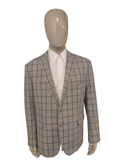 Meyer & Meyer Linnen colbert. Grijs Bruin Blauw motief. Maat 30 (60/2XL-XXL). 55% Linnen.