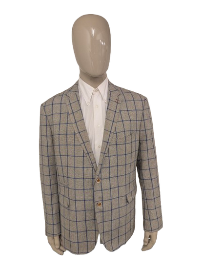 Meyer & Meyer Linnen colbert. Grijs Bruin Blauw motief. Maat 30 (60/2XL-XXL). 55% Linnen.