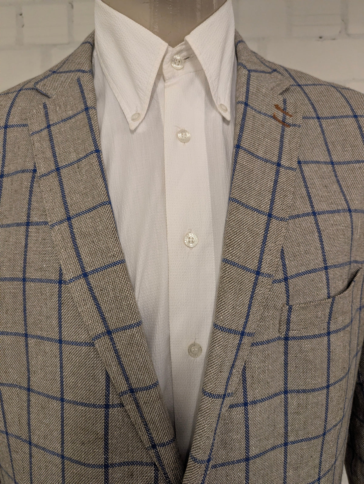 Meyer & Meyer Linnen colbert. Grijs Bruin Blauw motief. Maat 30 (60/2XL-XXL). 55% Linnen.
