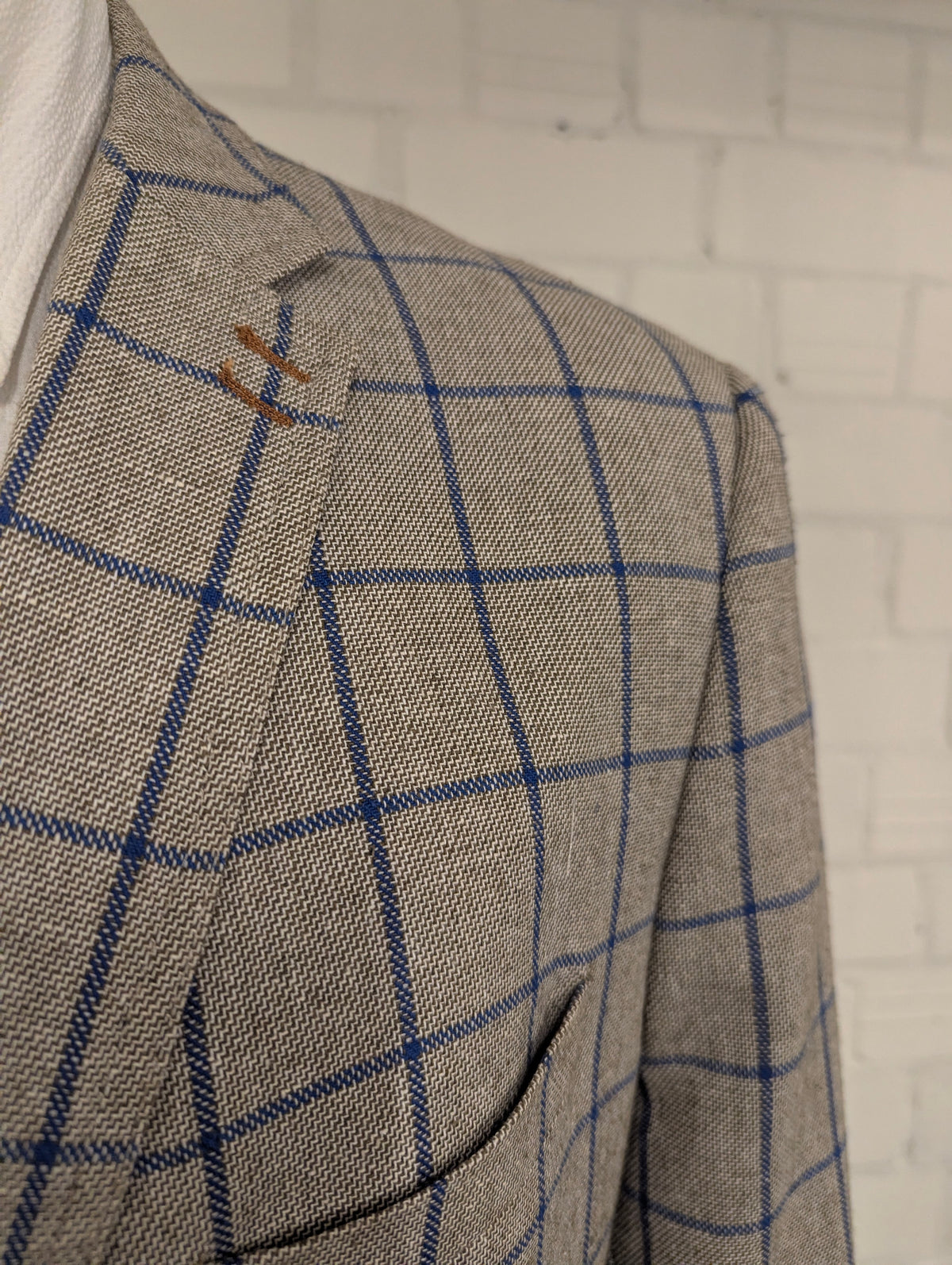 Meyer & Meyer Linnen colbert. Grijs Bruin Blauw motief. Maat 30 (60/2XL-XXL). 55% Linnen.