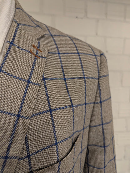 Meyer & Meyer Linnen colbert. Grijs Bruin Blauw motief. Maat 30 (60/2XL-XXL). 55% Linnen.