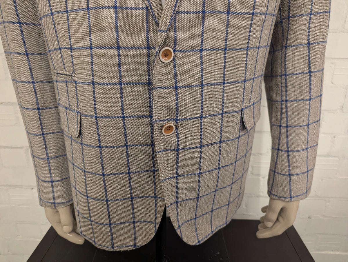 Meyer & Meyer Linnen colbert. Grijs Bruin Blauw motief. Maat 30 (60/2XL-XXL). 55% Linnen.