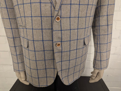 Meyer & Meyer Linnen colbert. Grijs Bruin Blauw motief. Maat 30 (60/2XL-XXL). 55% Linnen.