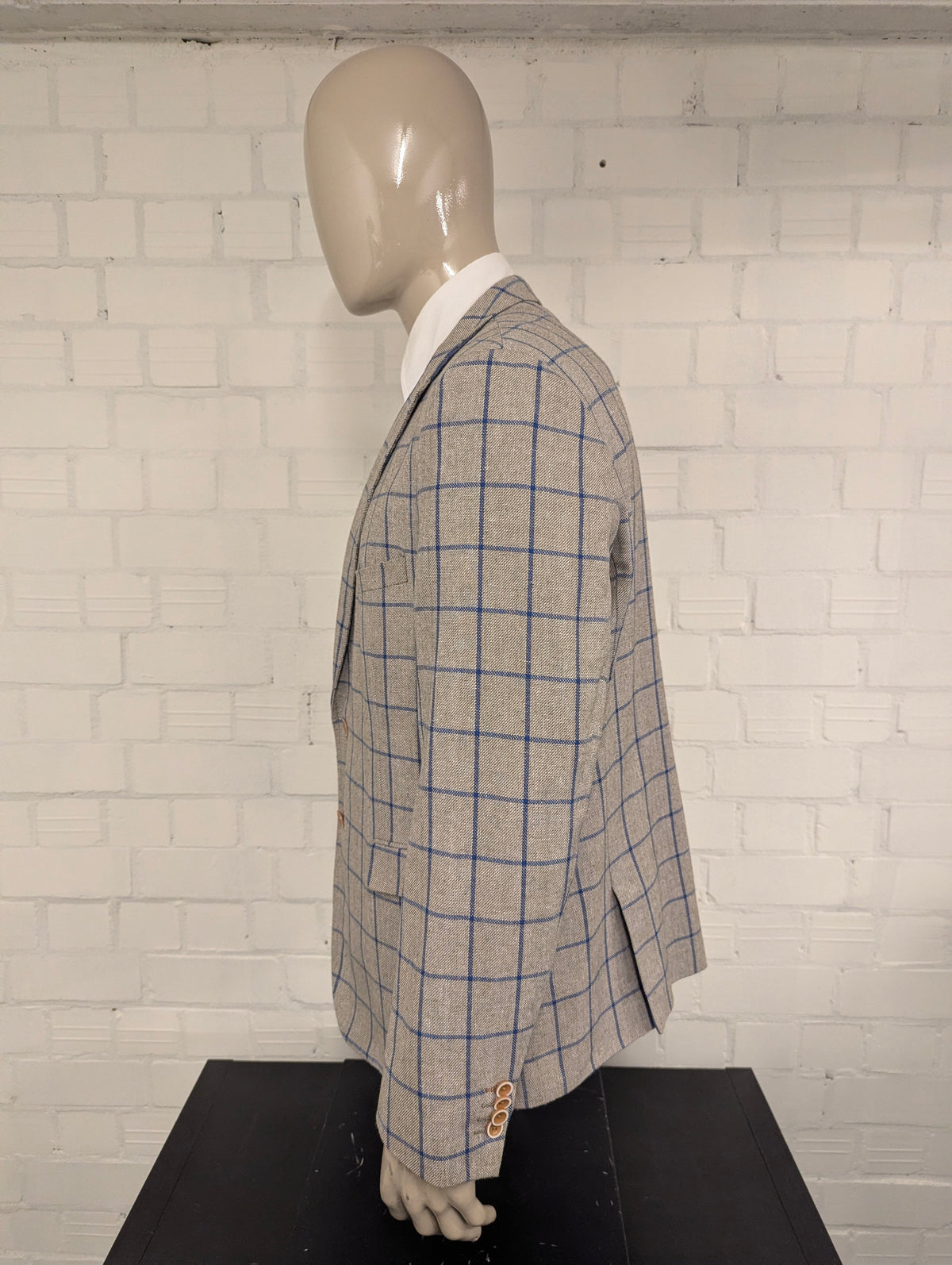 Meyer & Meyer Linnen colbert. Grijs Bruin Blauw motief. Maat 30 (60/2XL-XXL). 55% Linnen.
