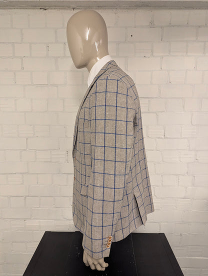 Meyer & Meyer Linnen colbert. Grijs Bruin Blauw motief. Maat 30 (60/2XL-XXL). 55% Linnen.
