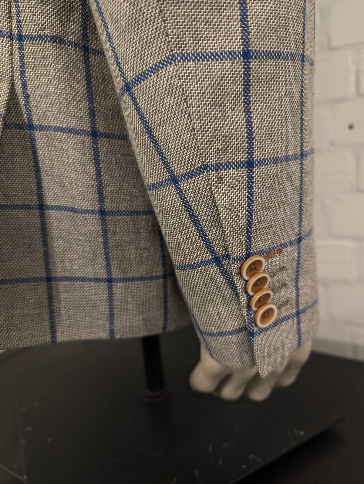 Meyer & Meyer Linnen colbert. Grijs Bruin Blauw motief. Maat 30 (60/2XL-XXL). 55% Linnen.