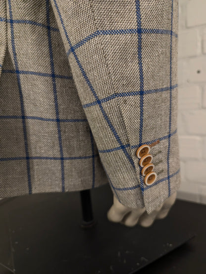 Meyer & Meyer Linnen colbert. Grijs Bruin Blauw motief. Maat 30 (60/2XL-XXL). 55% Linnen.