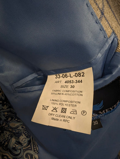 Meyer & Meyer Linnen colbert. Grijs Bruin Blauw motief. Maat 30 (60/2XL-XXL). 55% Linnen.