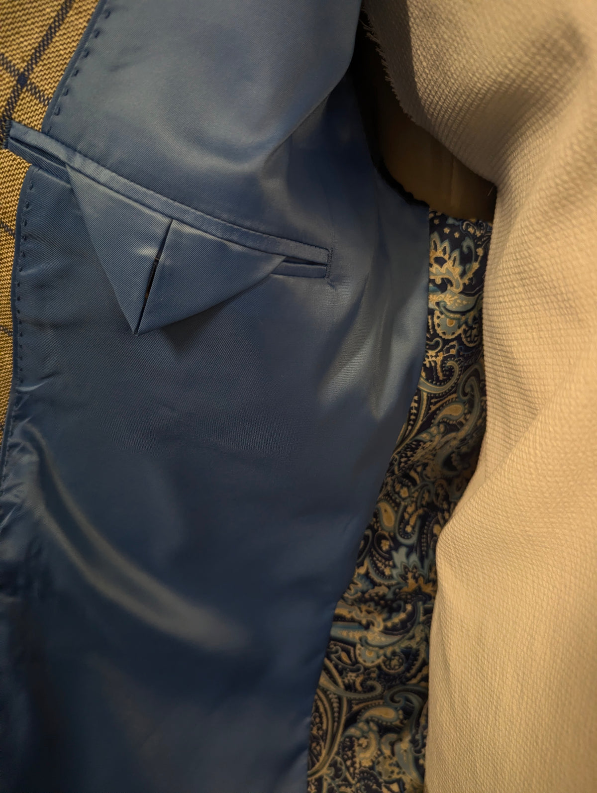Meyer & Meyer Linnen colbert. Grijs Bruin Blauw motief. Maat 30 (60/2XL-XXL). 55% Linnen.