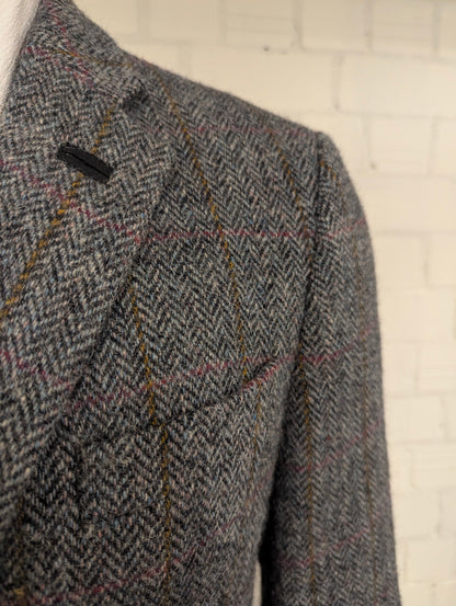 Walbusch Harris Tweed colbert. Grijs Zwart Roos Blauw Bruin motief. Maat 25 (50/M).