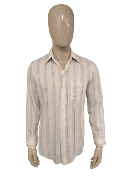 Vintage 70's Gloweave overhemd. Licht doorschijnend. Beige Bruin Blauw Grijs gestreept. Maat L.