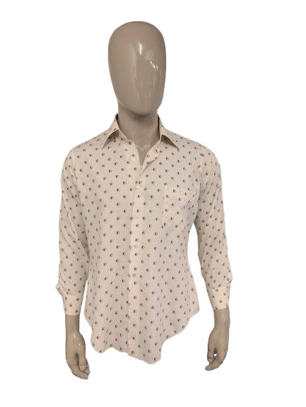 Vintage 70's Pelaco overhemd met puntkraag. Beige Bruine print. Maat L.