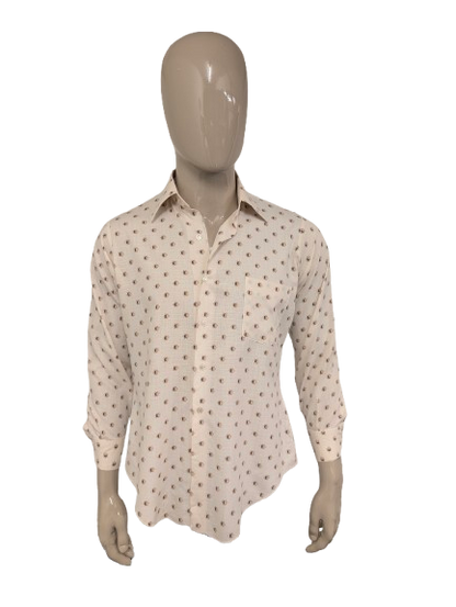 Vintage 70's Pelaco overhemd met puntkraag. Beige Bruine print. Maat L.