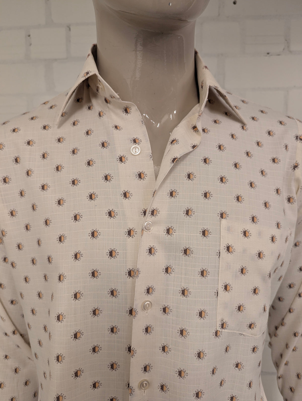 Vintage 70's Pelaco overhemd met puntkraag. Beige Bruine print. Maat L.