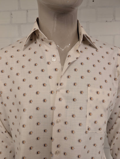 Vintage 70's Pelaco overhemd met puntkraag. Beige Bruine print. Maat L.