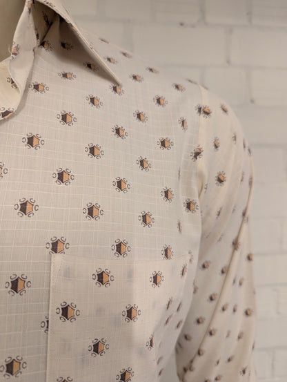 Vintage 70's Pelaco overhemd met puntkraag. Beige Bruine print. Maat L.