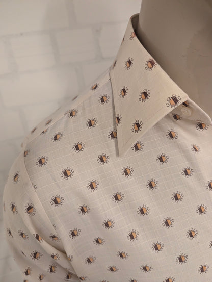 Vintage 70's Pelaco overhemd met puntkraag. Beige Bruine print. Maat L.