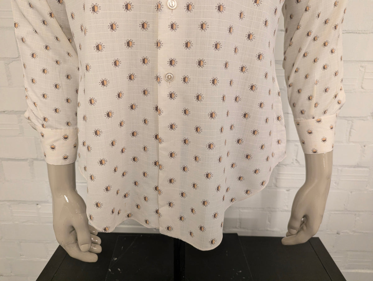 Vintage 70's Pelaco overhemd met puntkraag. Beige Bruine print. Maat L.