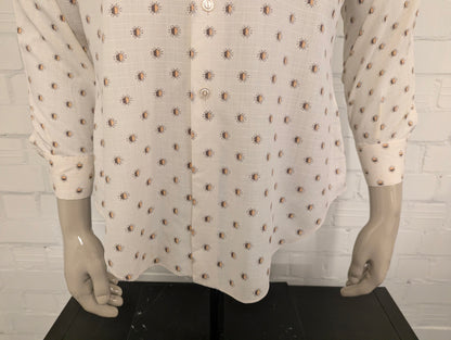 Vintage 70's Pelaco overhemd met puntkraag. Beige Bruine print. Maat L.