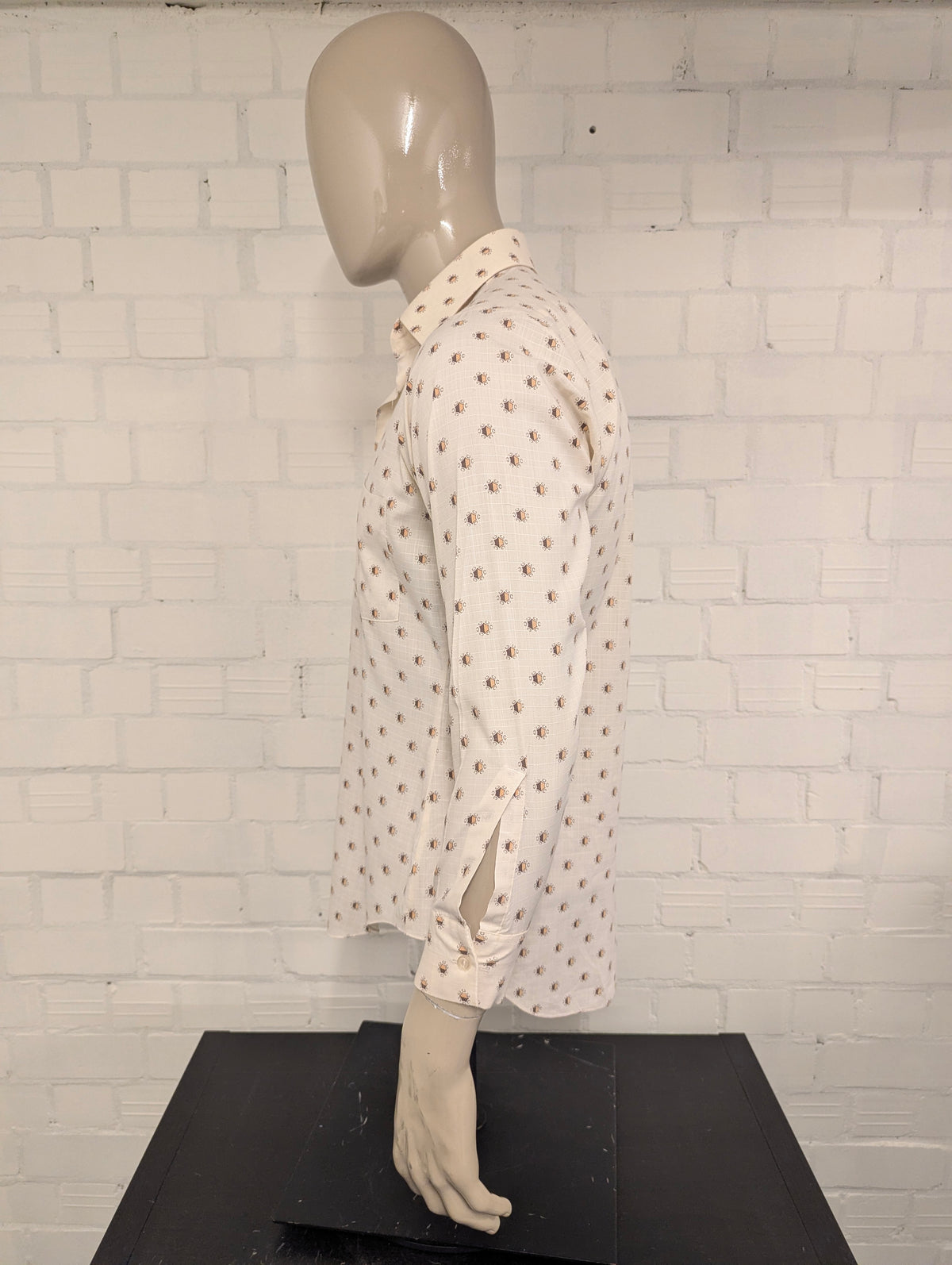 Vintage 70's Pelaco overhemd met puntkraag. Beige Bruine print. Maat L.