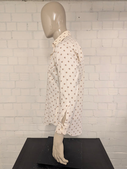 Vintage 70's Pelaco overhemd met puntkraag. Beige Bruine print. Maat L.