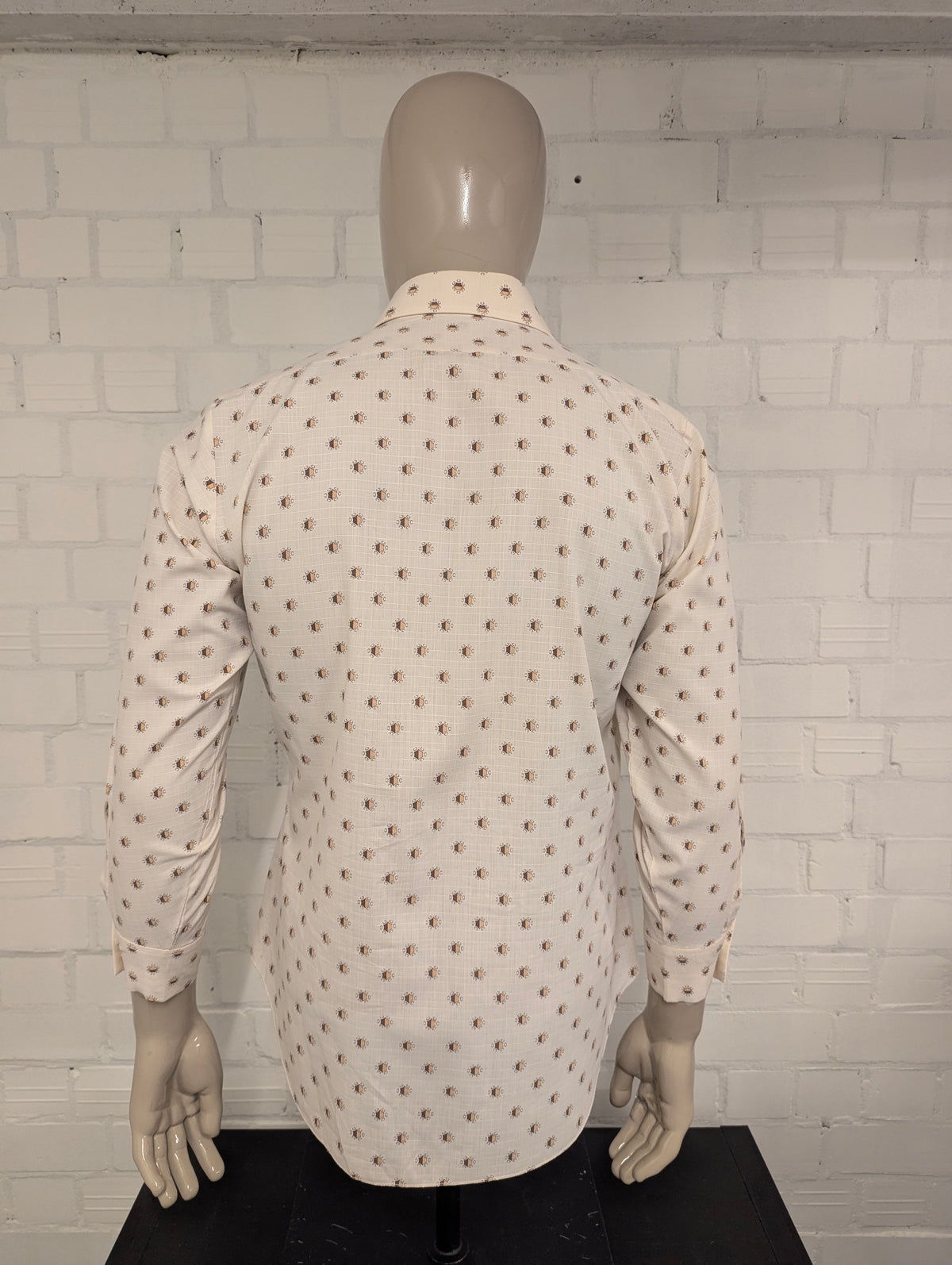 Vintage 70's Pelaco overhemd met puntkraag. Beige Bruine print. Maat L.