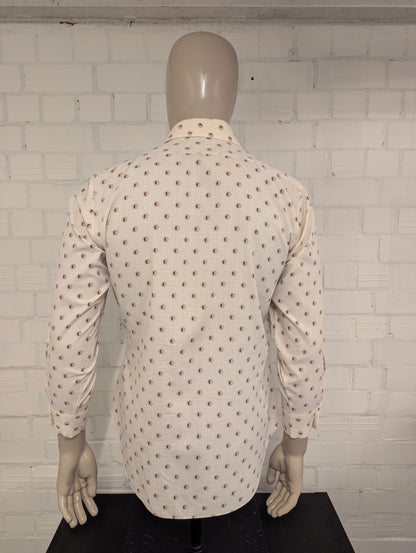 Vintage 70's Pelaco overhemd met puntkraag. Beige Bruine print. Maat L.