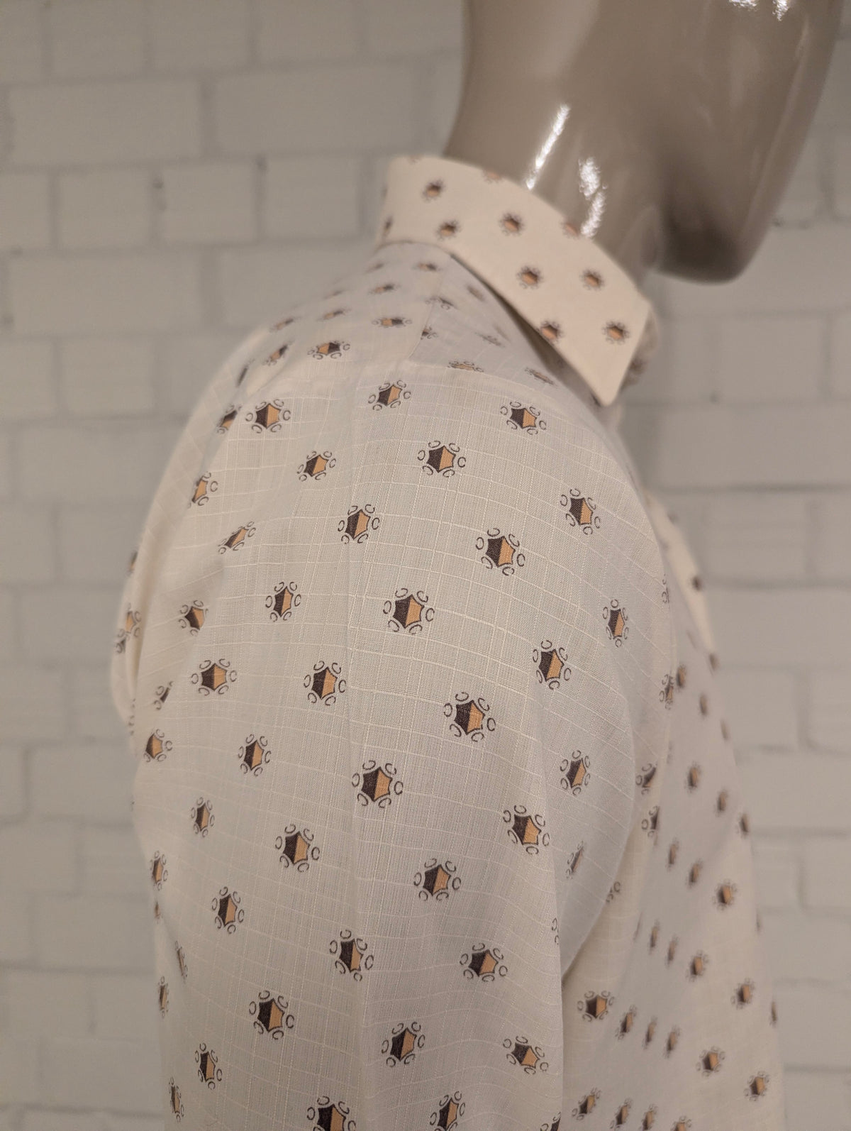 Vintage 70's Pelaco overhemd met puntkraag. Beige Bruine print. Maat L.