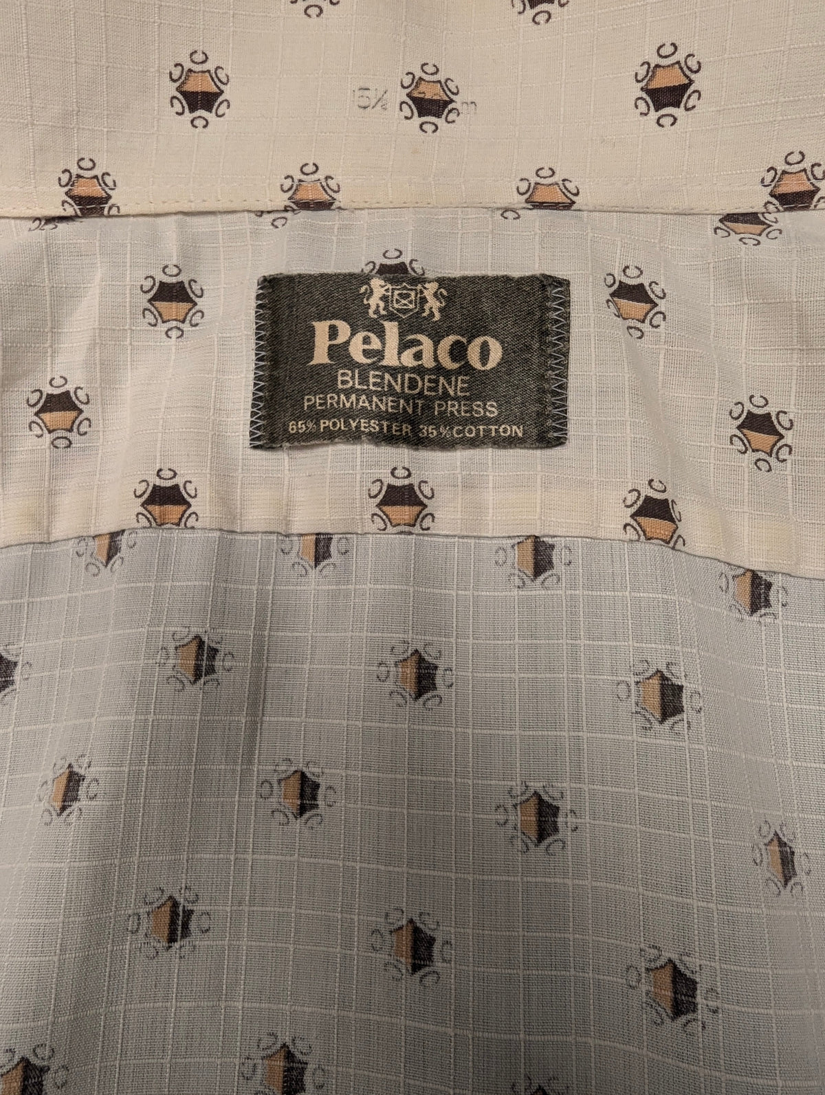 Vintage 70's Pelaco overhemd met puntkraag. Beige Bruine print. Maat L.