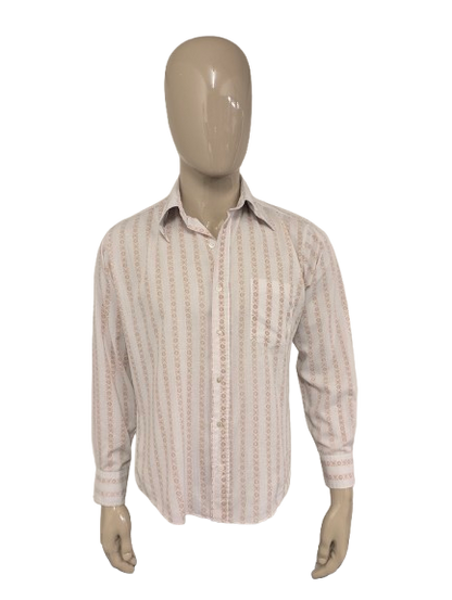 Vintage 70's Hentley overhemd met puntkraag. Beige Bruine print. Maat XL.