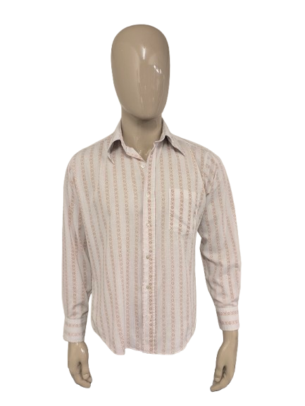 Vintage 70's Hentley overhemd met puntkraag. Beige Bruine print. Maat XL.