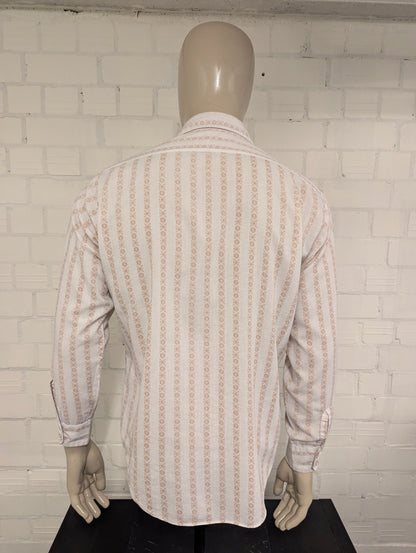Vintage 70's Hentley overhemd met puntkraag. Beige Bruine print. Maat XL.