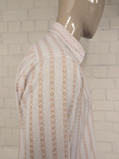 Vintage 70's Hentley overhemd met puntkraag. Beige Bruine print. Maat XL.