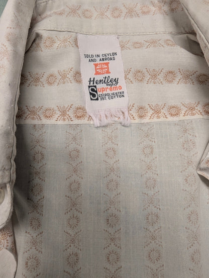 Vintage 70's Hentley overhemd met puntkraag. Beige Bruine print. Maat XL.