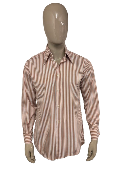 Vintage 70's overhemd met puntkraag en casual manchetknoop. Wit Bruin gestreept. Maat L. #710.