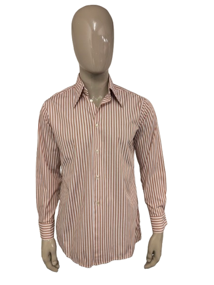 Vintage 70's overhemd met puntkraag en casual manchetknoop. Wit Bruin gestreept. Maat L. #710.