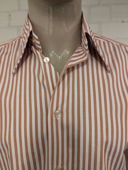 Vintage 70's overhemd met puntkraag en casual manchetknoop. Wit Bruin gestreept. Maat L. #710.